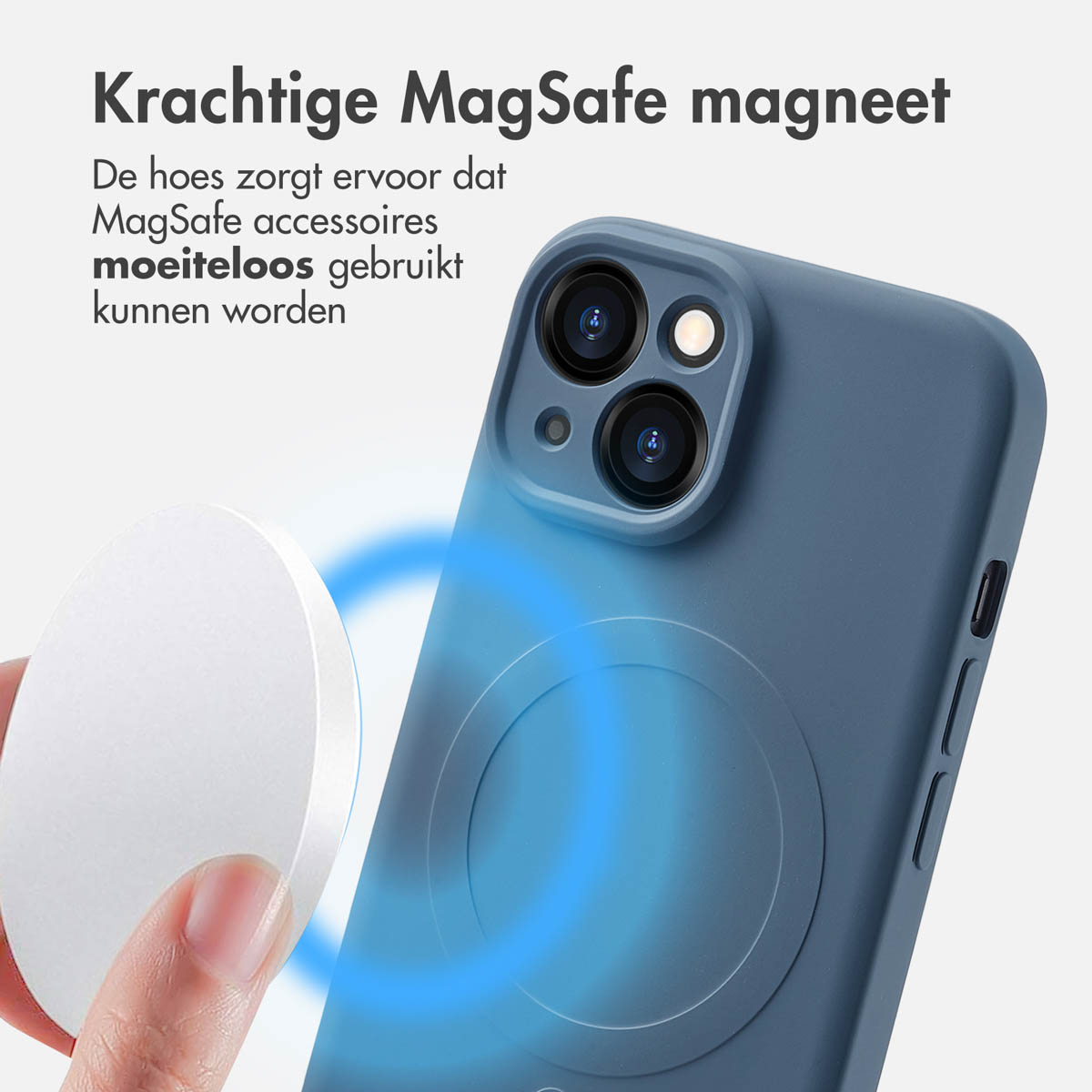 Phone case with MagSafe magnet. Text in Dutch. Blue background.