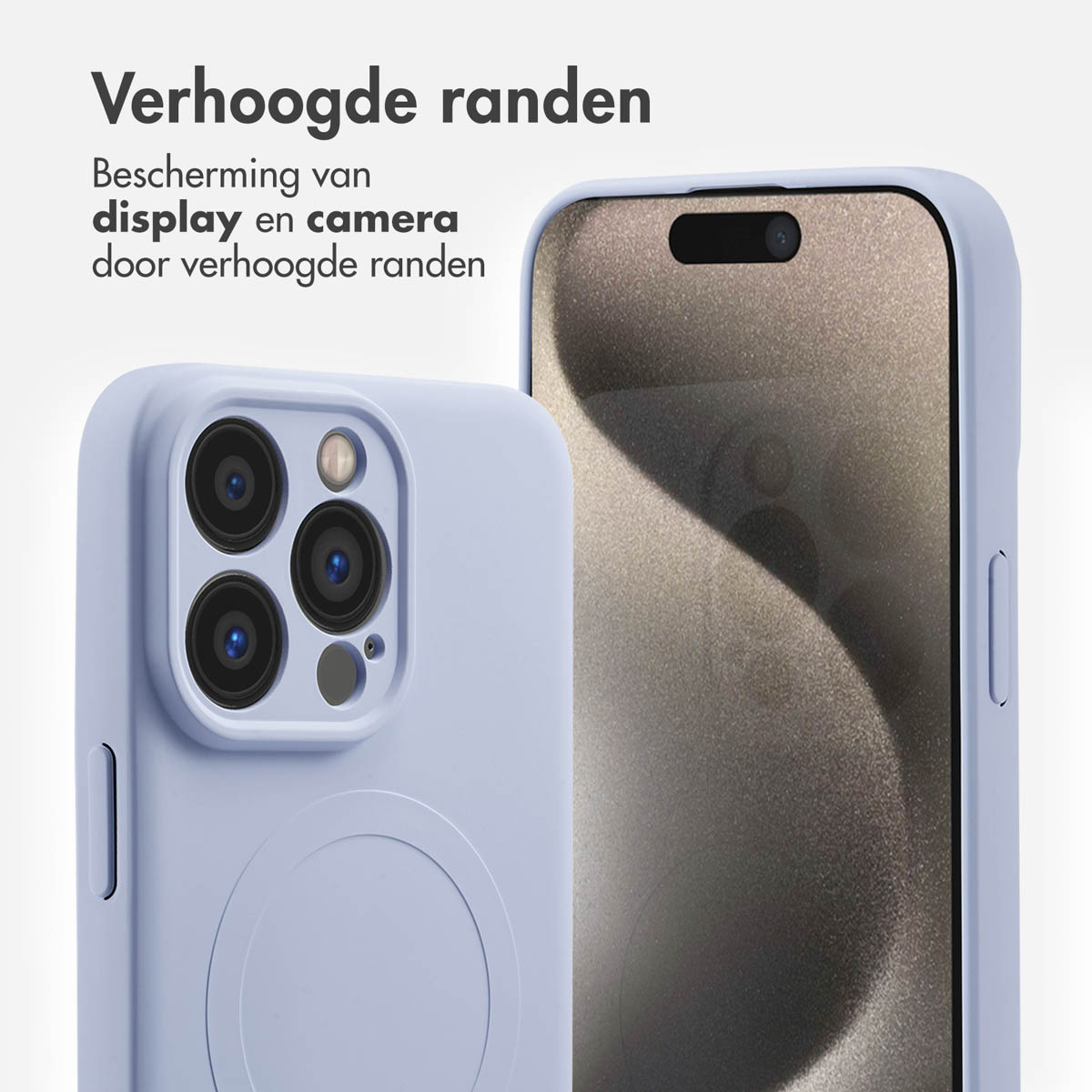 Een lichtpaarse telefoonhoes met camera-uitsparingen en scherm.