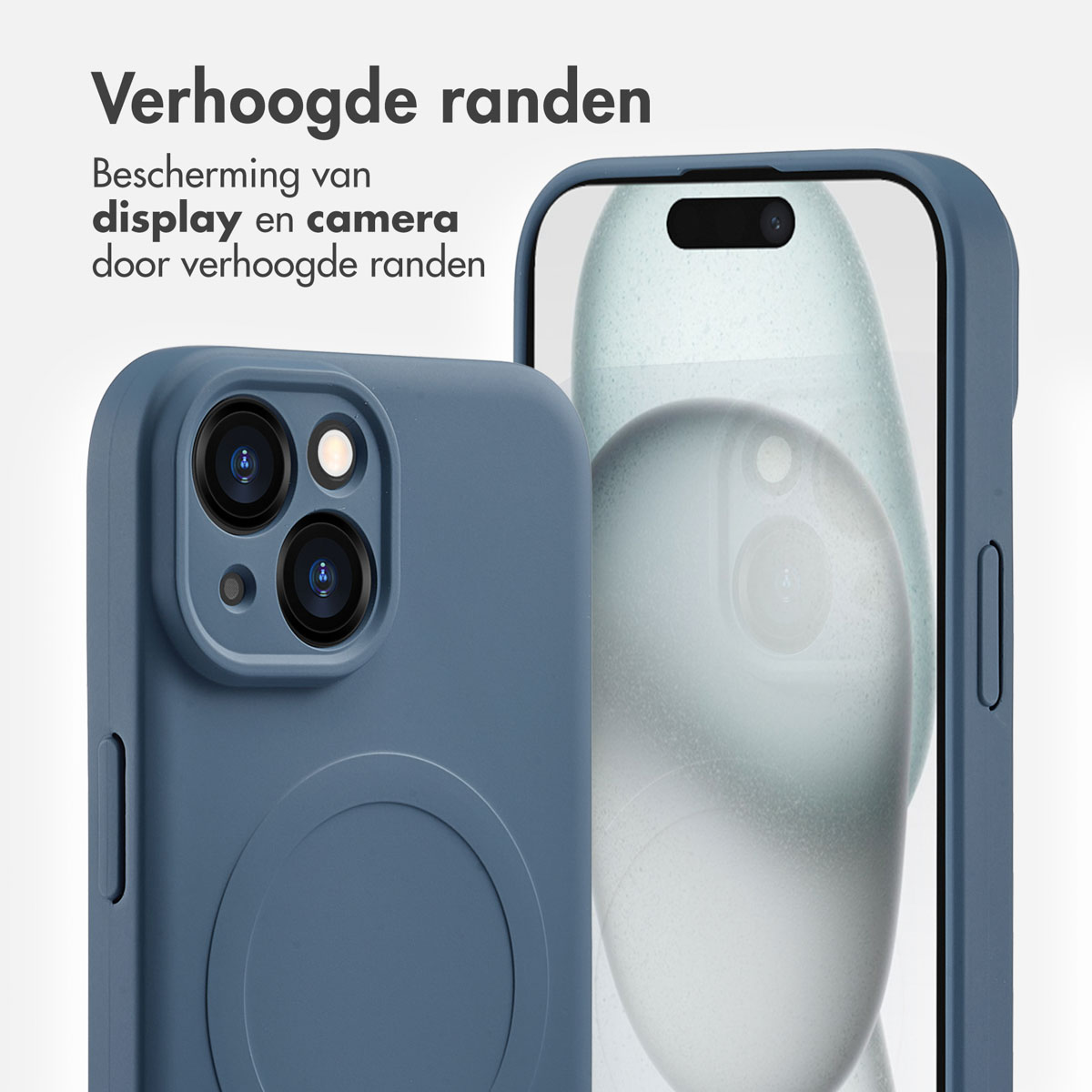Two blue phone cases. One covers the phone, the other shows the inside.