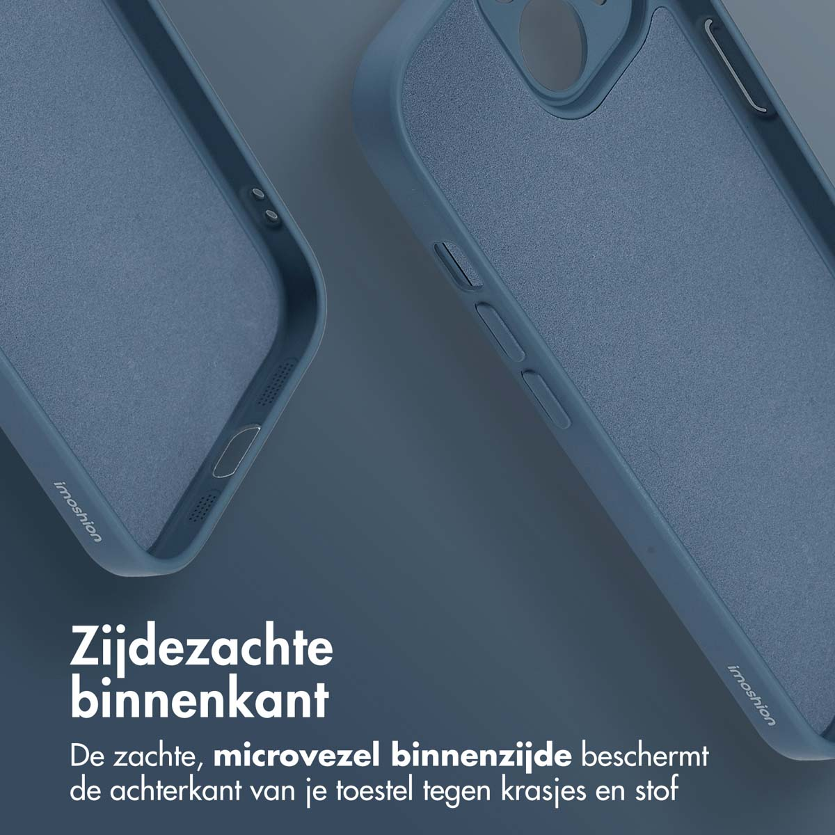 Two blue phone cases close up. One is a detail of the corner with holes. The other shows the camera cutout.