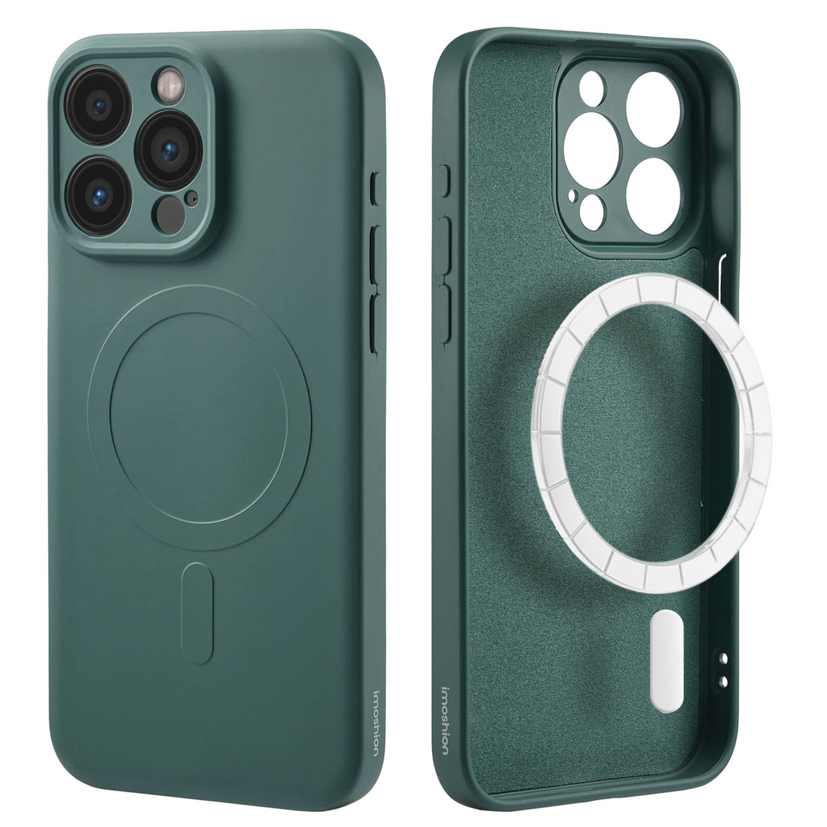 Coque de téléphone verte avec un design circulaire et un anneau blanc. La coque est à l'intérieur.