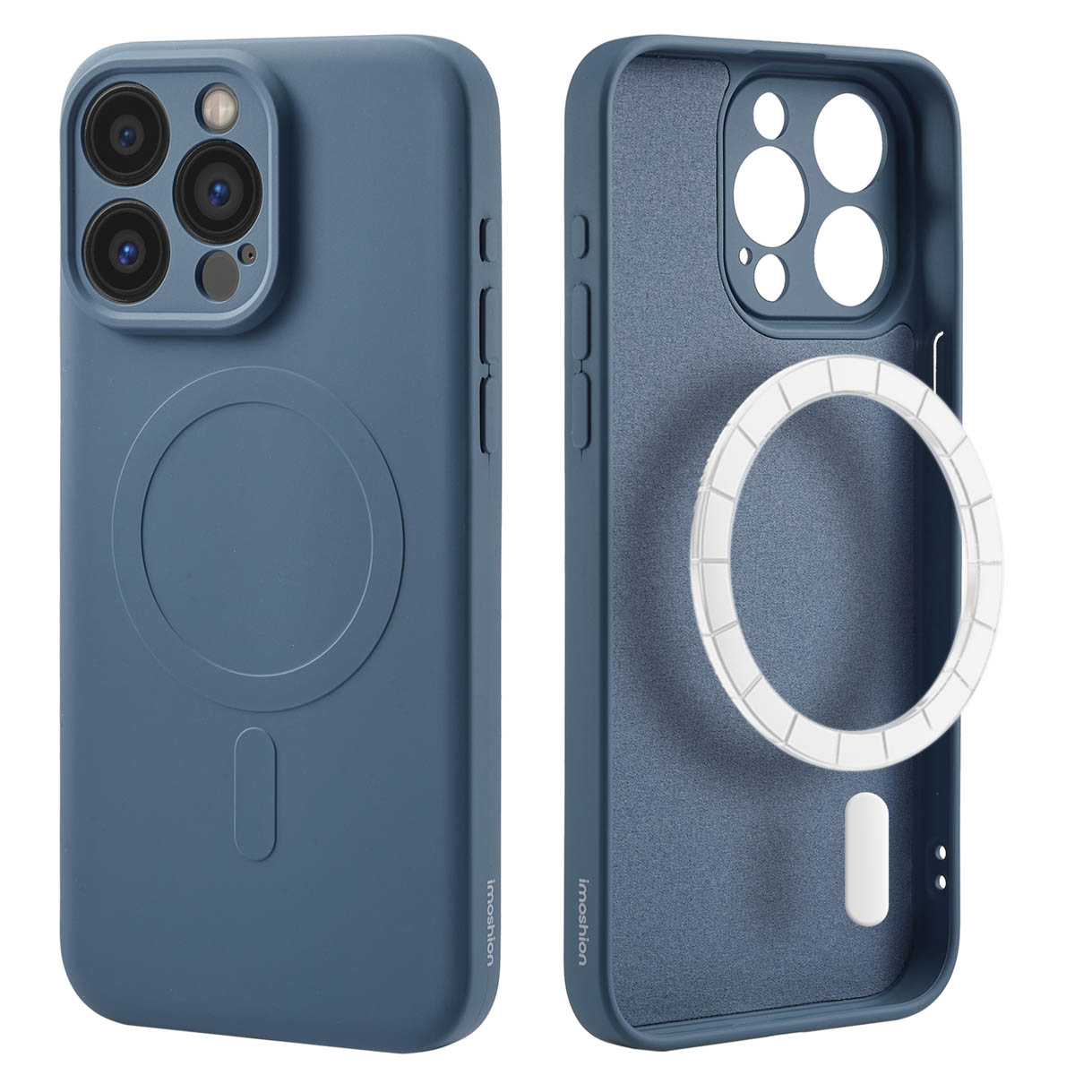 Coque de téléphone bleue avec anneau magnétique, vue avant et arrière.