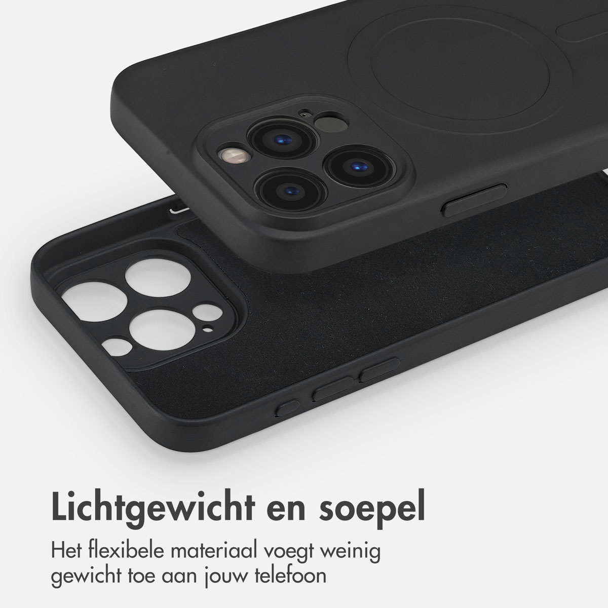 Twee zwarte telefoonhoesjes. Eén is open, waardoor de binnenkant van de telefoon zichtbaar is.