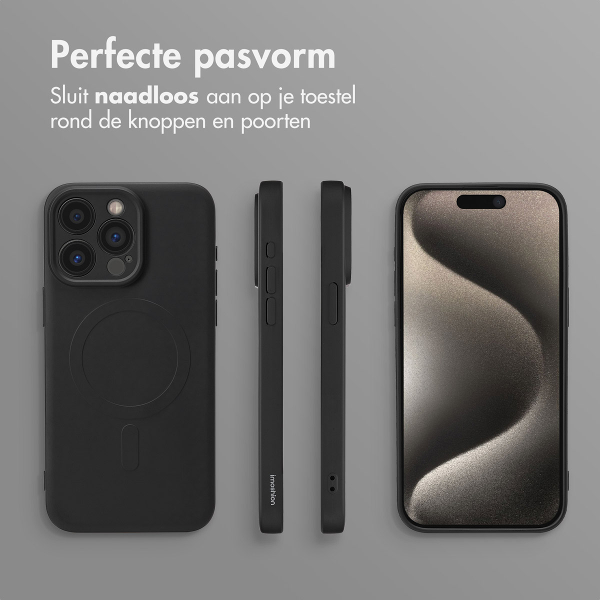 Vier zwarte telefoonhoesjes en een telefoon. De telefoon heeft een zwart scherm, de hoesjes zijn profielen. MagSafe-logo zichtbaar.