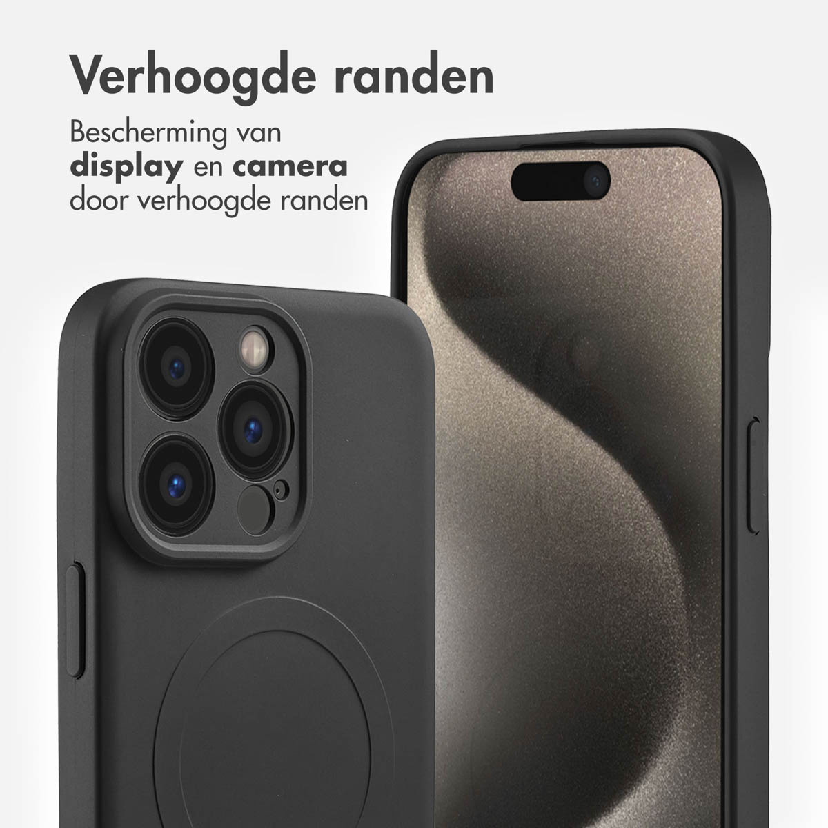 Close-up van een zwarte telefoonhoes die het scherm en de camera laat zien.