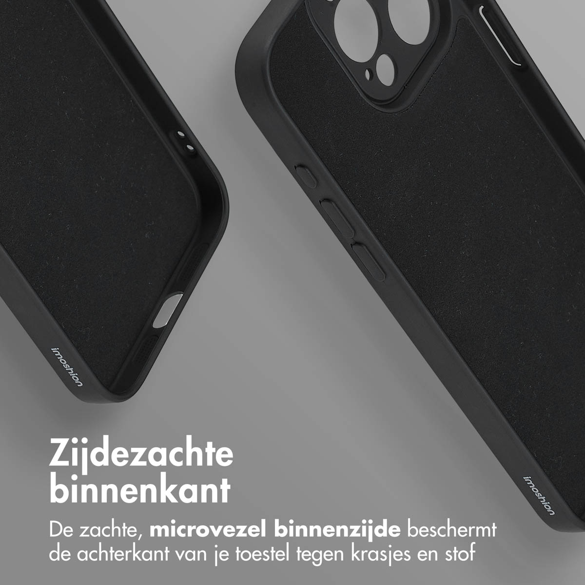 Twee zwarte telefoonhoesjes, één open. Zachte zwarte binnenkant beschermt de telefoon.