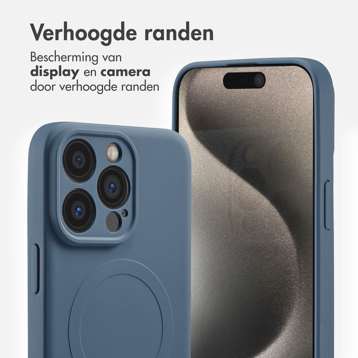 Coque de téléphone bleue avec bords surélevés, couvrant un téléphone. Texte décrit la protection écran et caméra.