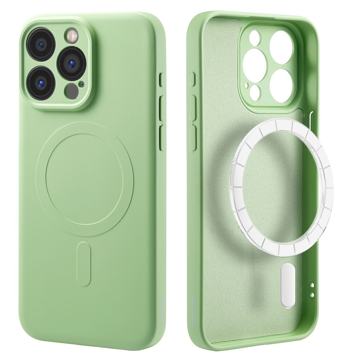 Twee telefoonhoesjes; een groene, de ander toont de binnenkant.