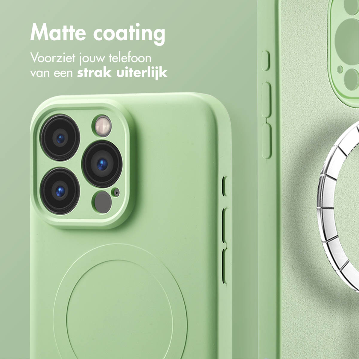 Groene telefoonhoes met een MagSafe cirkel, close-up.