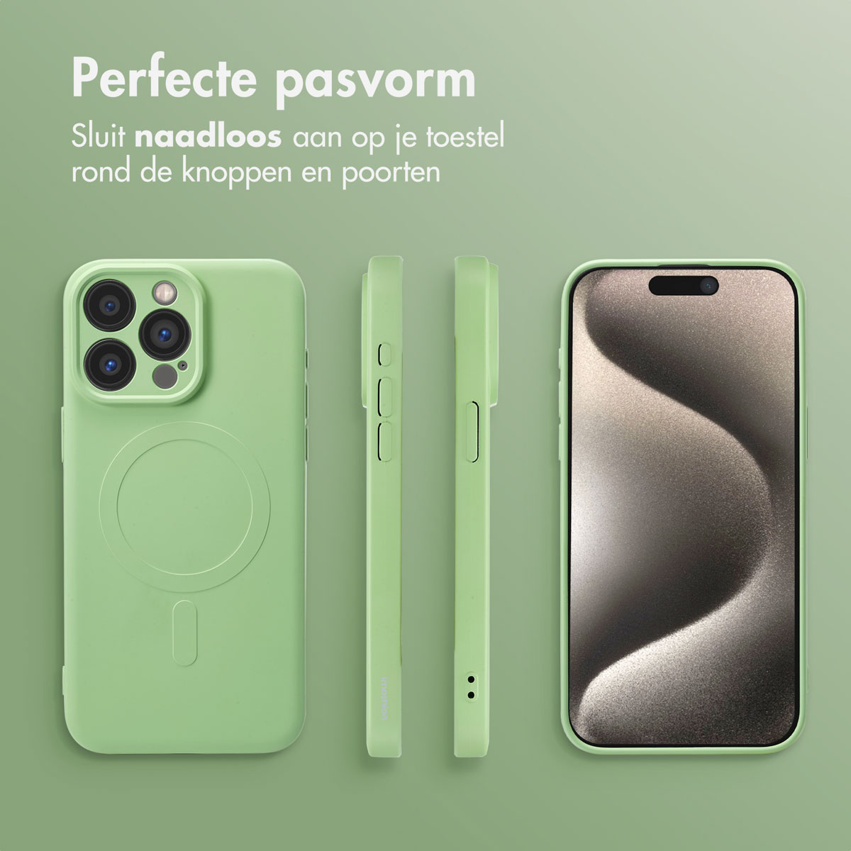 Groene telefoonhoes met drie weergaven: achterkant, zijkant en telefoonscherm. Het heeft een magnetische cirkel op de achterkant.