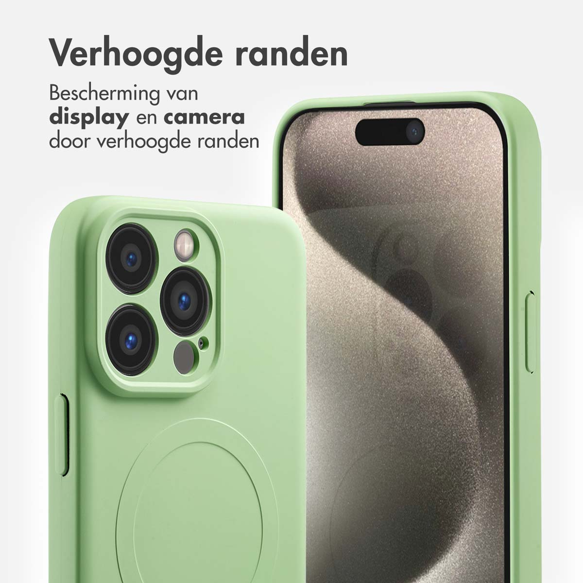 Twee groene telefoonhoesjes, één met de camera zichtbaar, de andere met het scherm. Tekst bovenaan: Verhoogde randen. Display- en camerabescherming.
