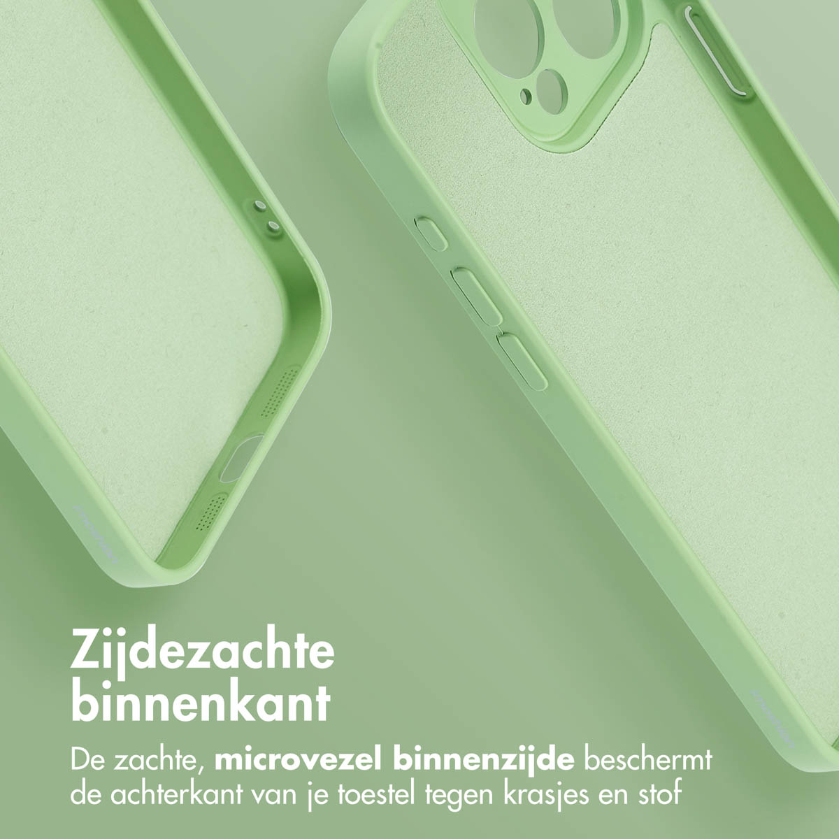 Close-up van een lichtgroene telefoonhoes. De hoes heeft een zachte microvezel binnenkant. Tekst in het Nederlands beschrijft de kenmerken.