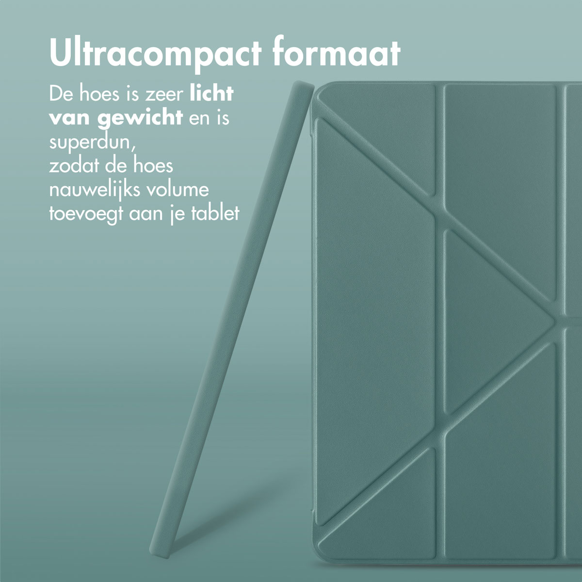 Tablethoes in de kleur teal, met het tabletscherm rechts en de pen links.