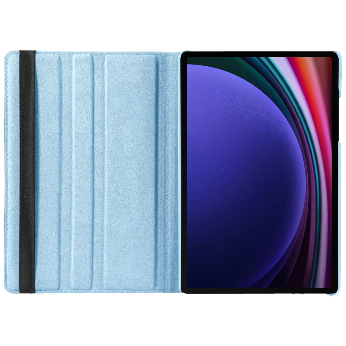 Lichtblauwe tablethoes, open, met de tablet die een paars en blauw scherm toont.
