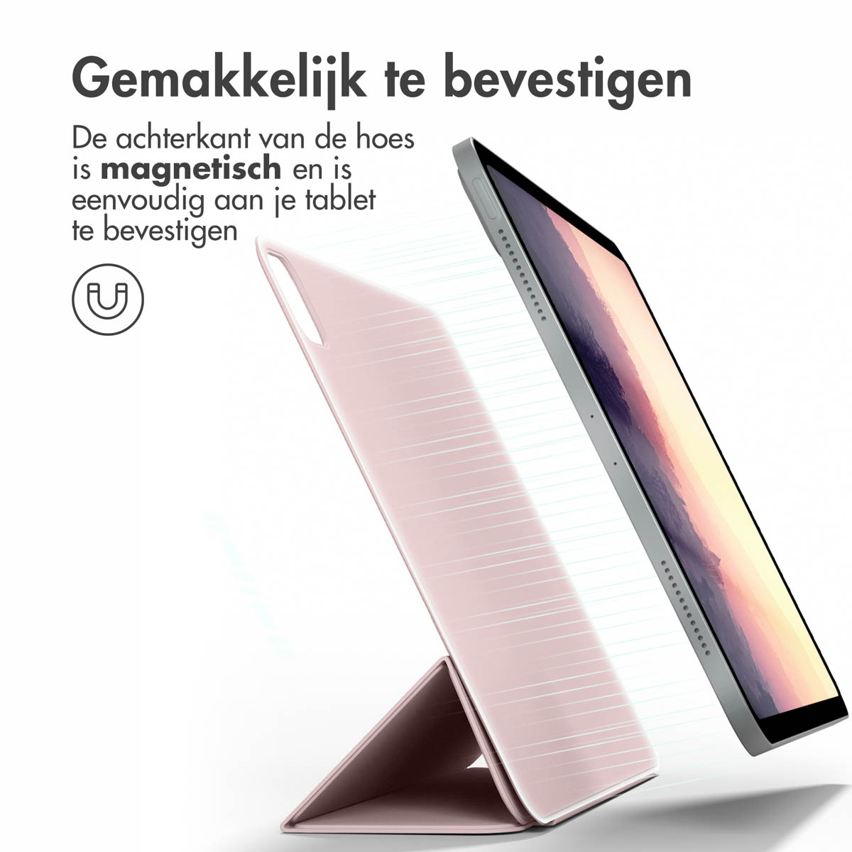 Tablet in a pink case. The case is magnetic. The background is white.
