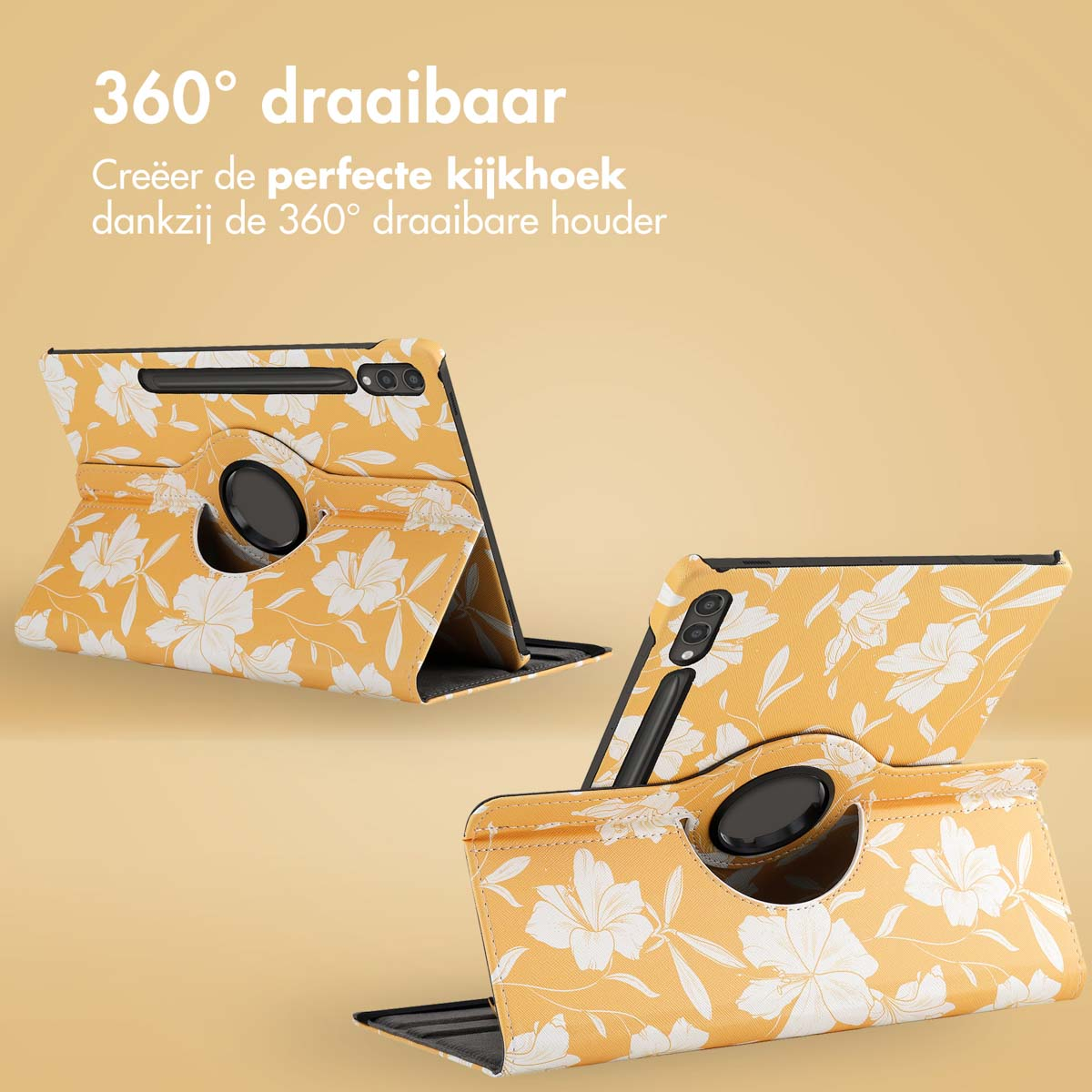 Two tablet cases are open, showing a yellow floral pattern. The cases are on a yellow background.