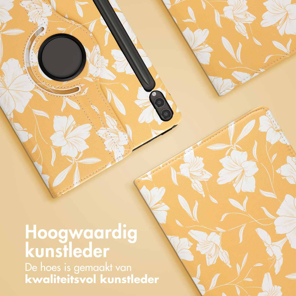 A tablet case and two separate pieces, all with a yellow floral pattern. The case is on a yellow background.