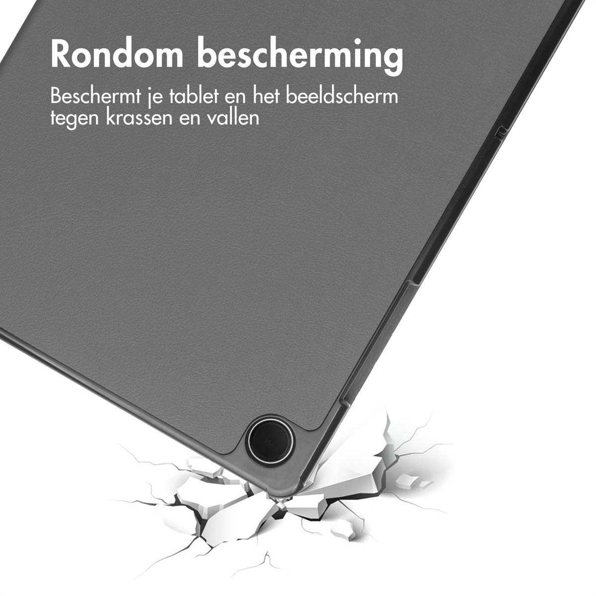 Une coque de tablette tombe et fissure le sol. Le texte dit "Protection intégrale".