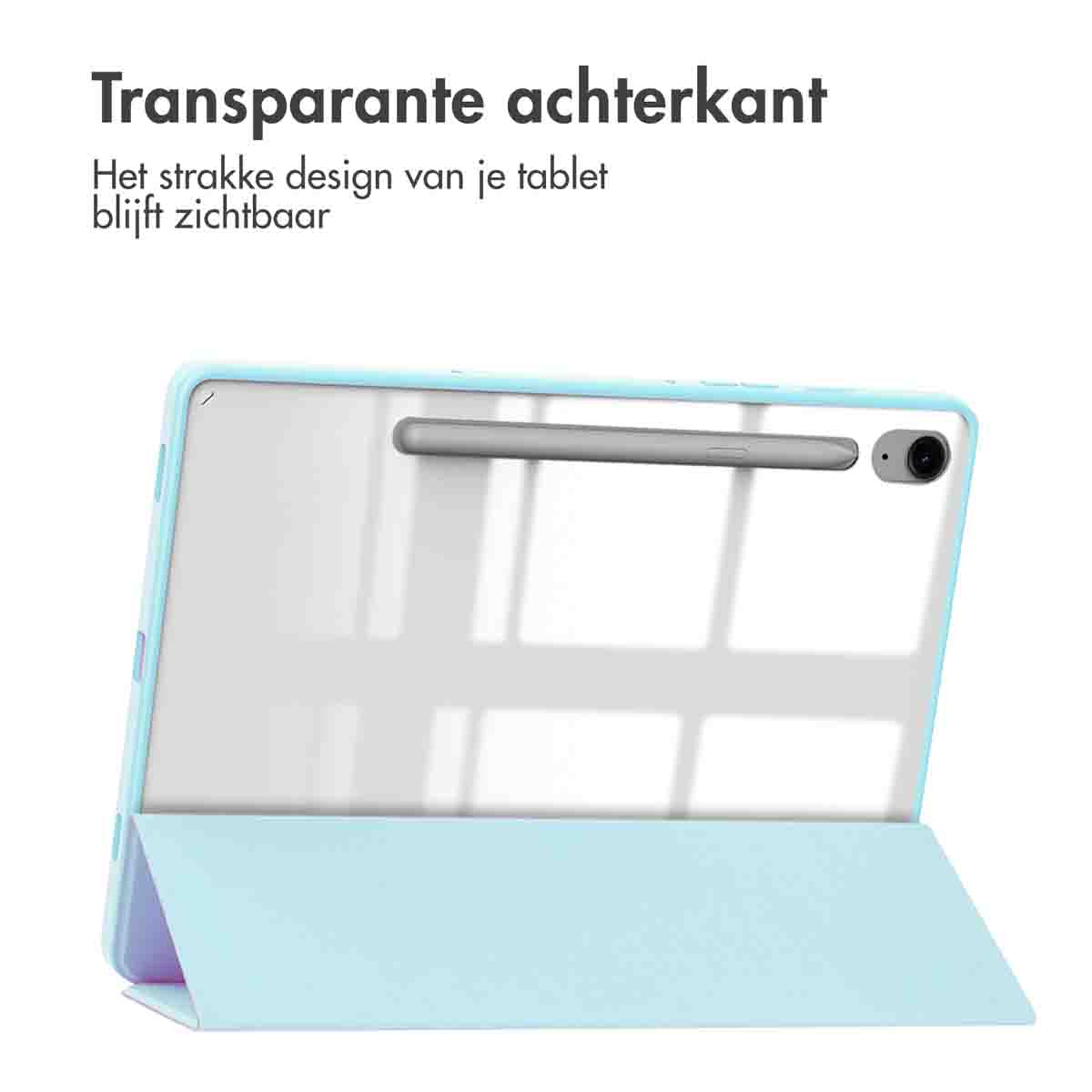 A tablet in a light blue case, showing the tablet's screen. The case is open, with a transparent back.