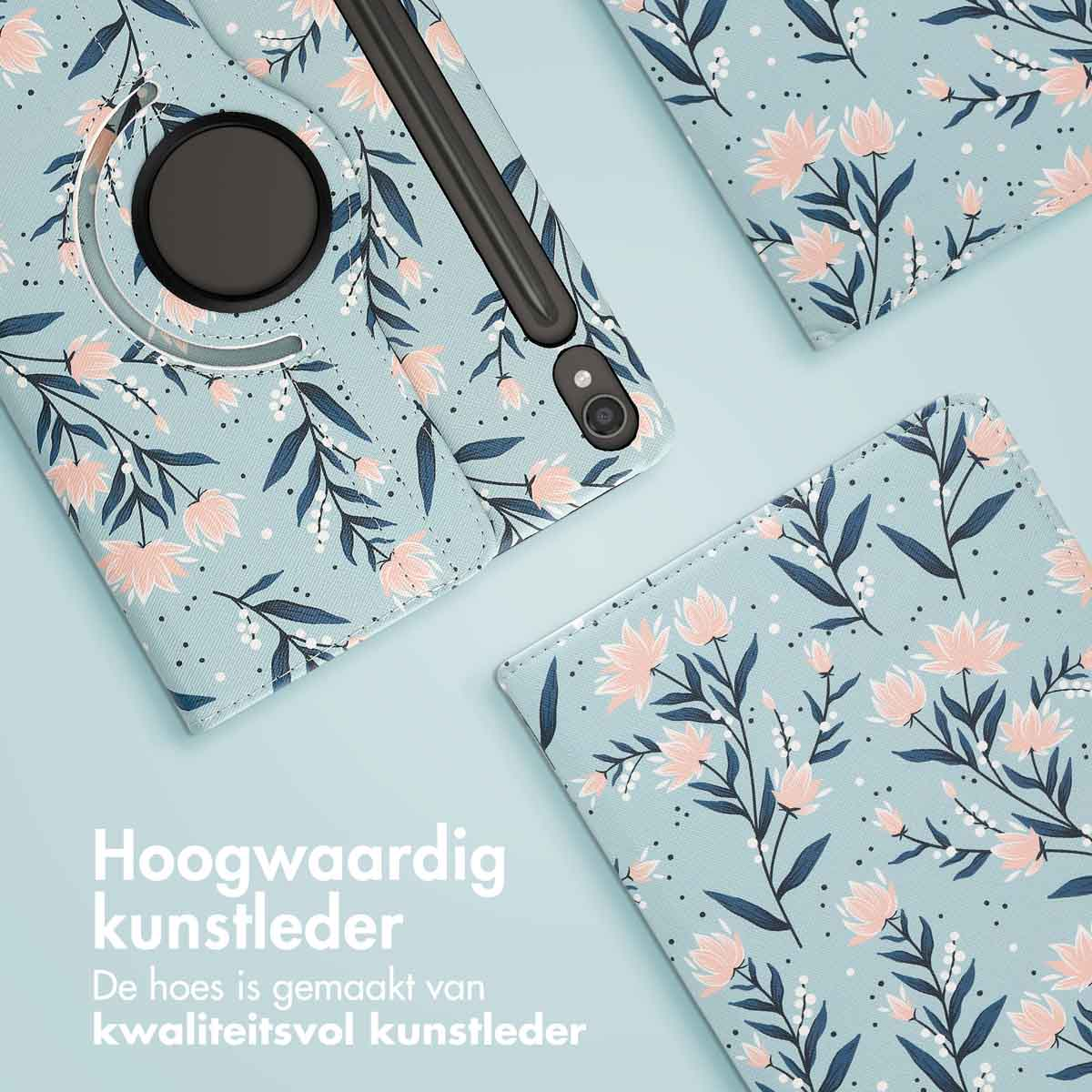 A tablet case with a floral pattern, and two separate pieces with the same pattern. The case is on a blue background.
