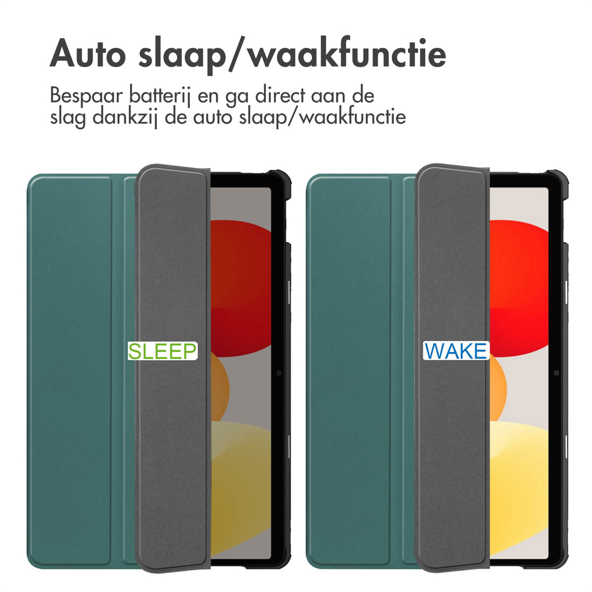 Two tablet cases, open and closed. Text says "Sleep" and "Wake" with images of the device.