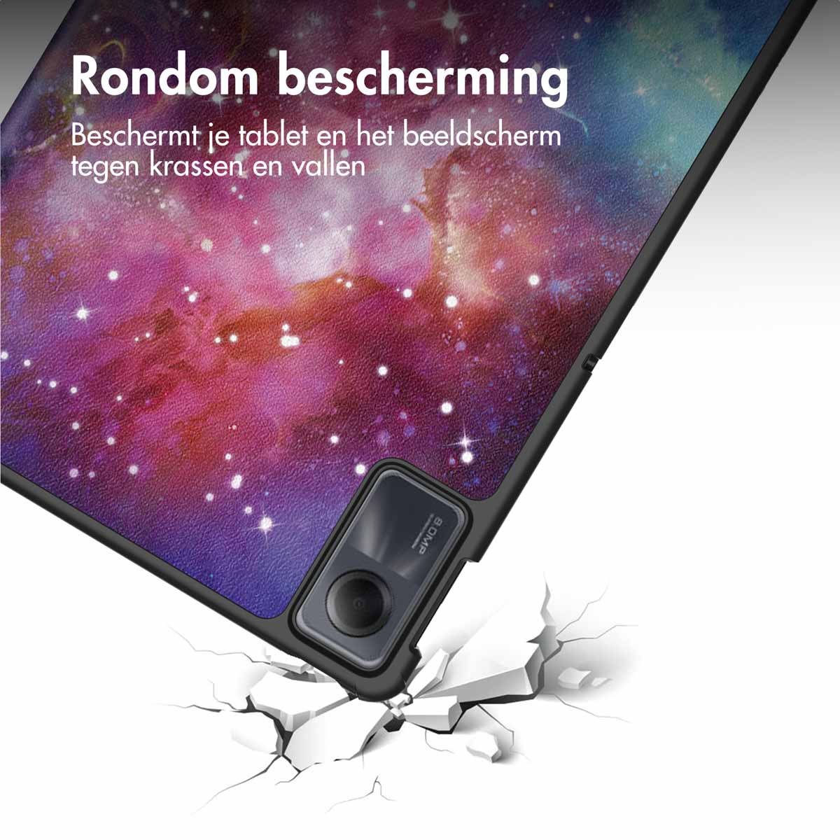 Tablet with a galaxy cover. The tablet is falling and breaking the ground. The camera is visible.