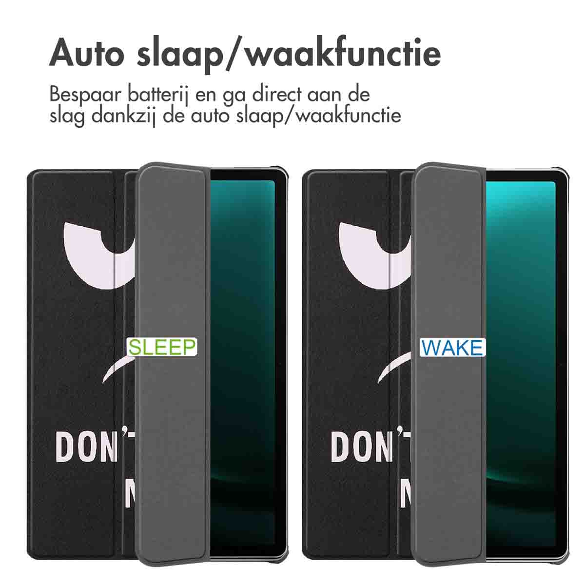 Twee tablethoezen, één open, één gesloten, met de tekst "SLEEP" en "WAKE".