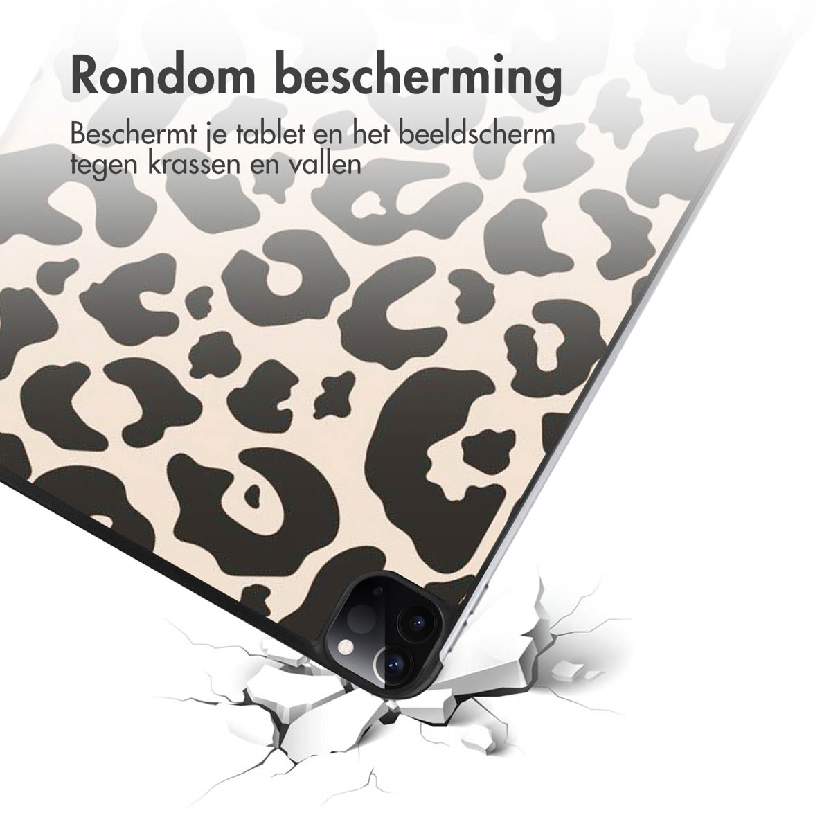 Tablet case with leopard print, cracked ground. The case is protecting the tablet from a fall.