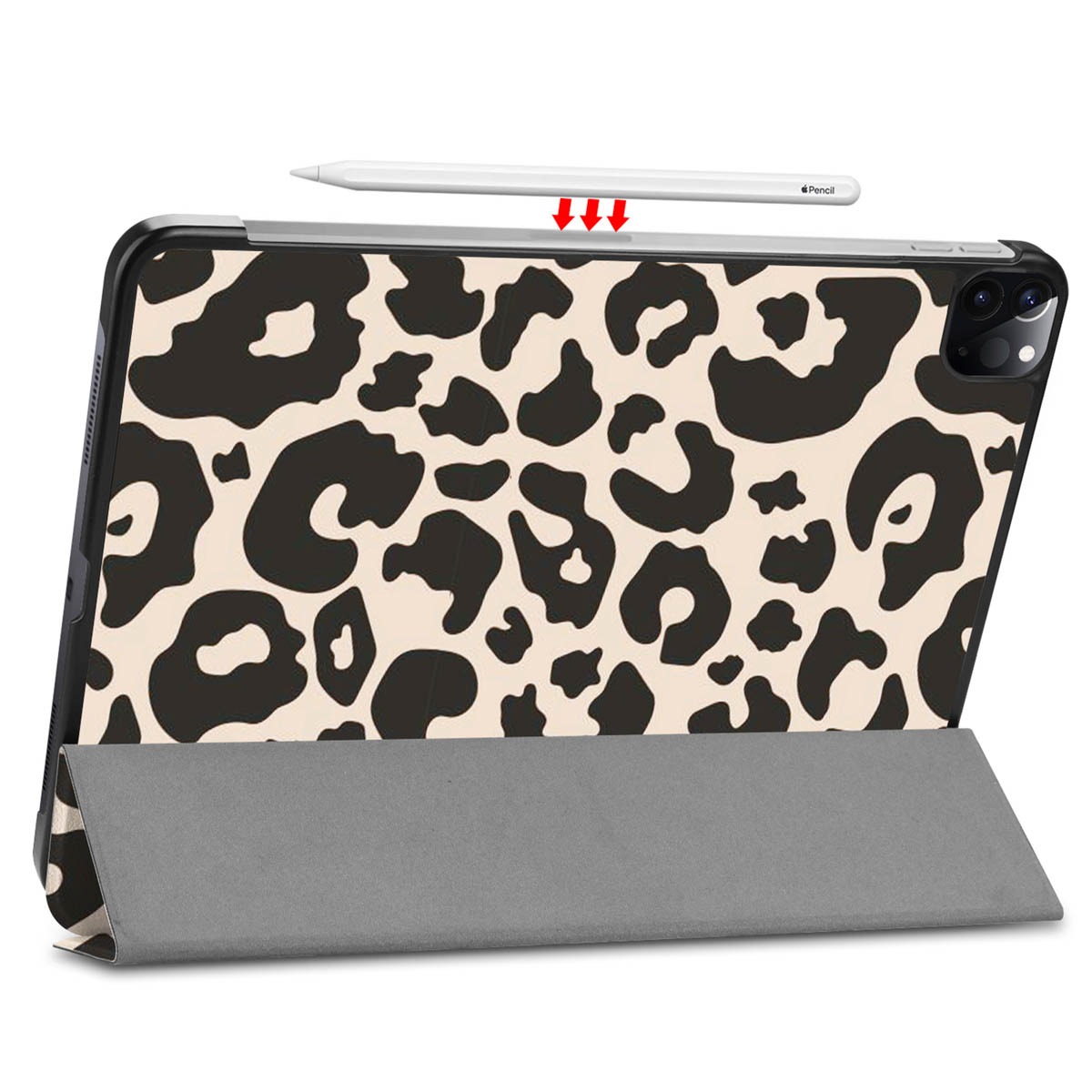 Tablet with cheetah print case, and a grey stand. A white pencil hovers above the tablet.