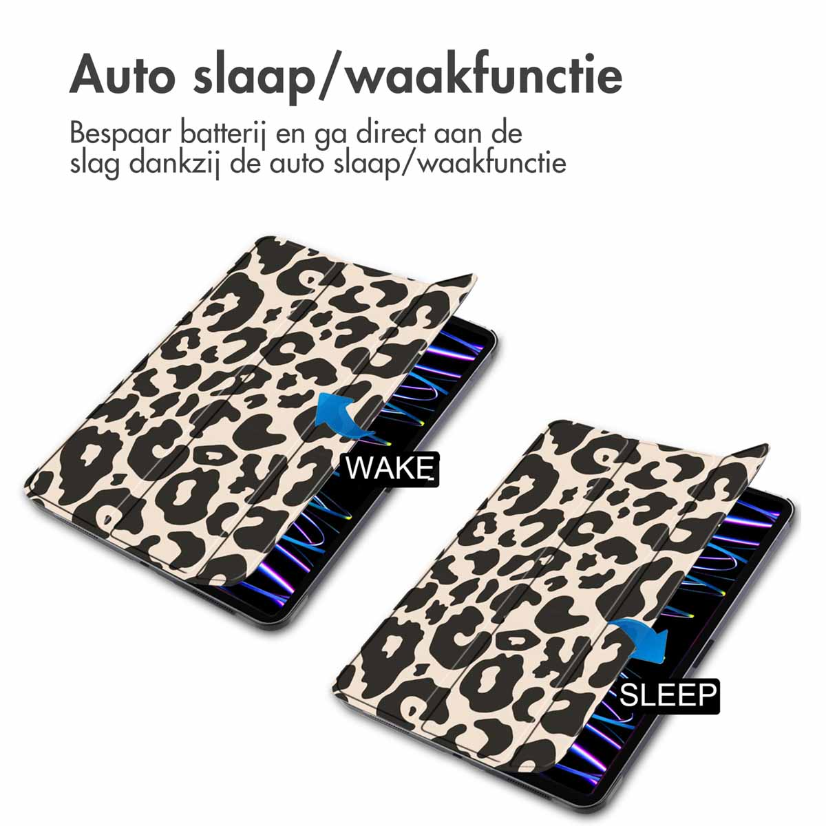Tablet cases with leopard print. One open, one closed. Arrows showing wake/sleep.