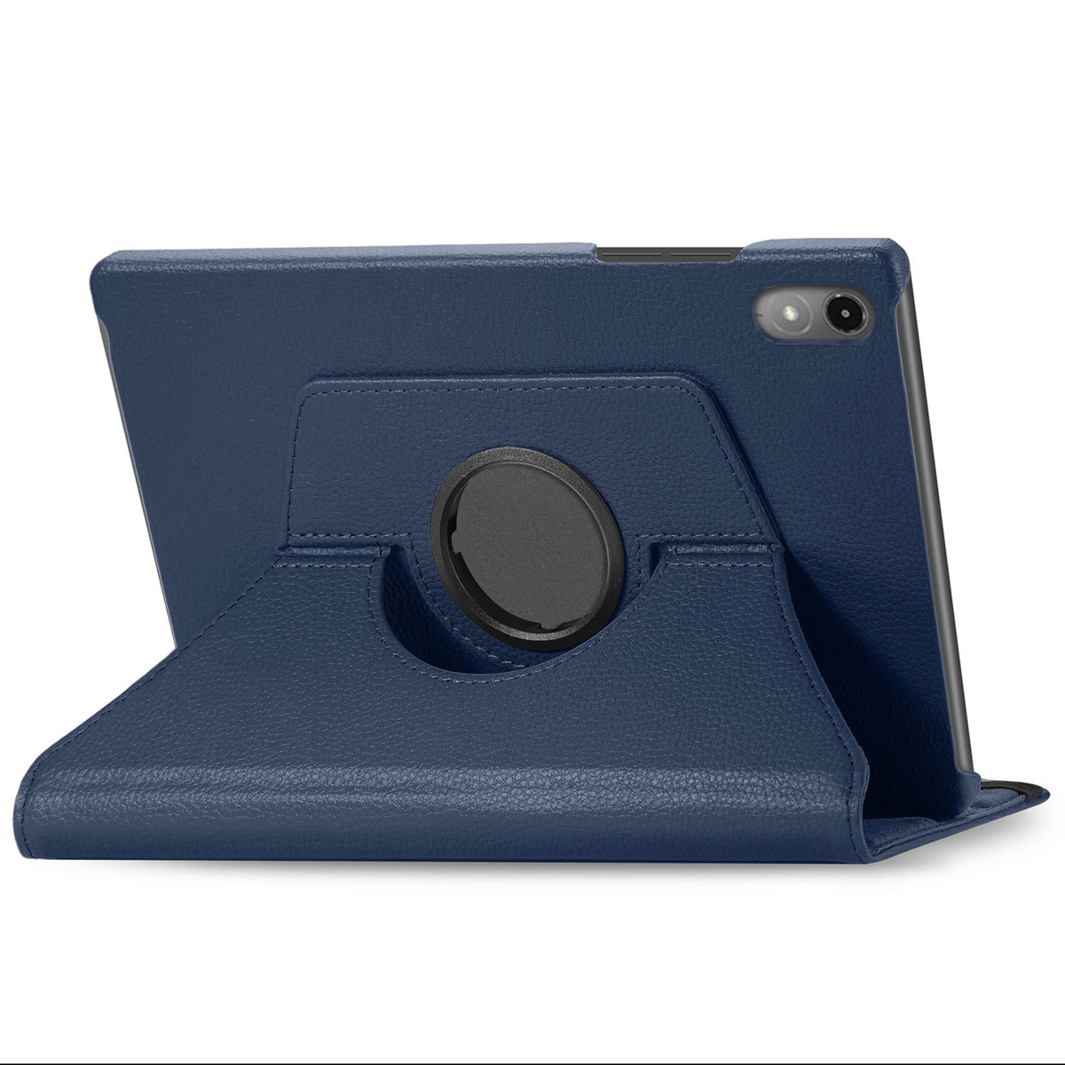 A navy blue tablet case. The tablet is set up to be used in landscape mode, with a rotating holder.