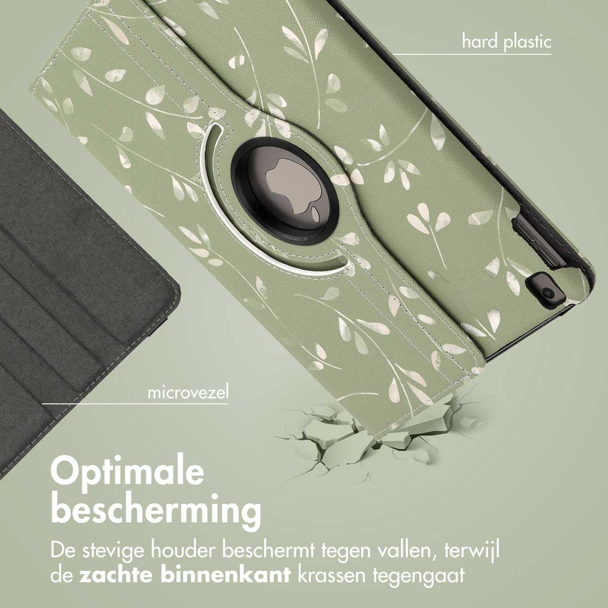 Green tablet case with white floral design, with hard plastic and microfibre details.