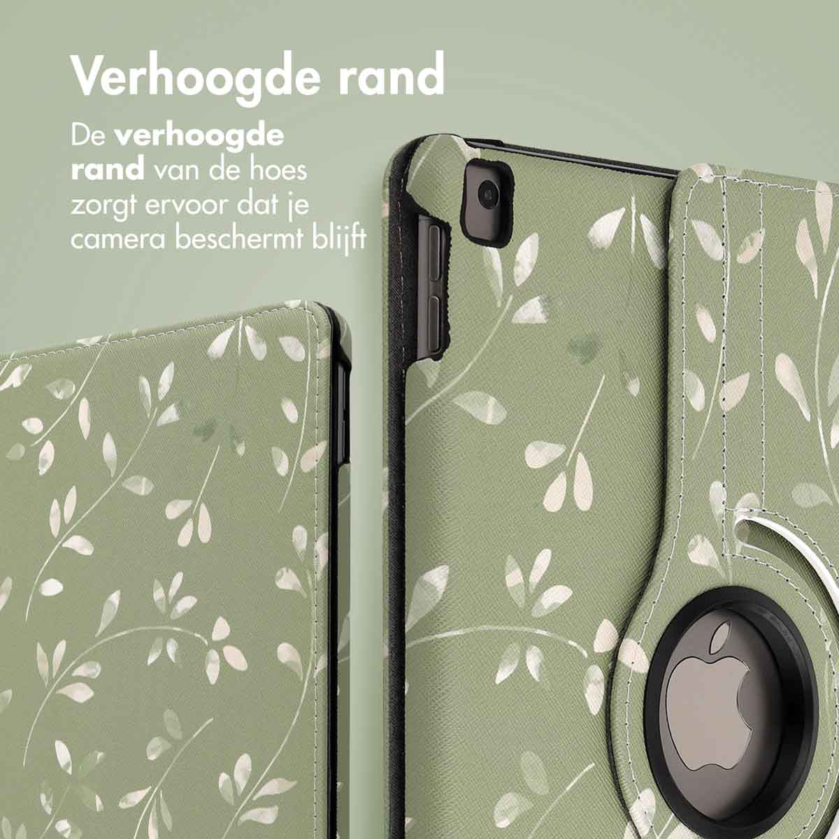 Green tablet case with white floral design, showing raised edges for camera protection.