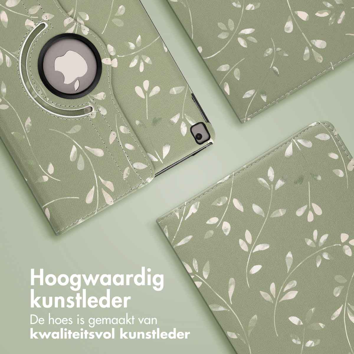 Green tablet case with white floral design, with the Apple logo.