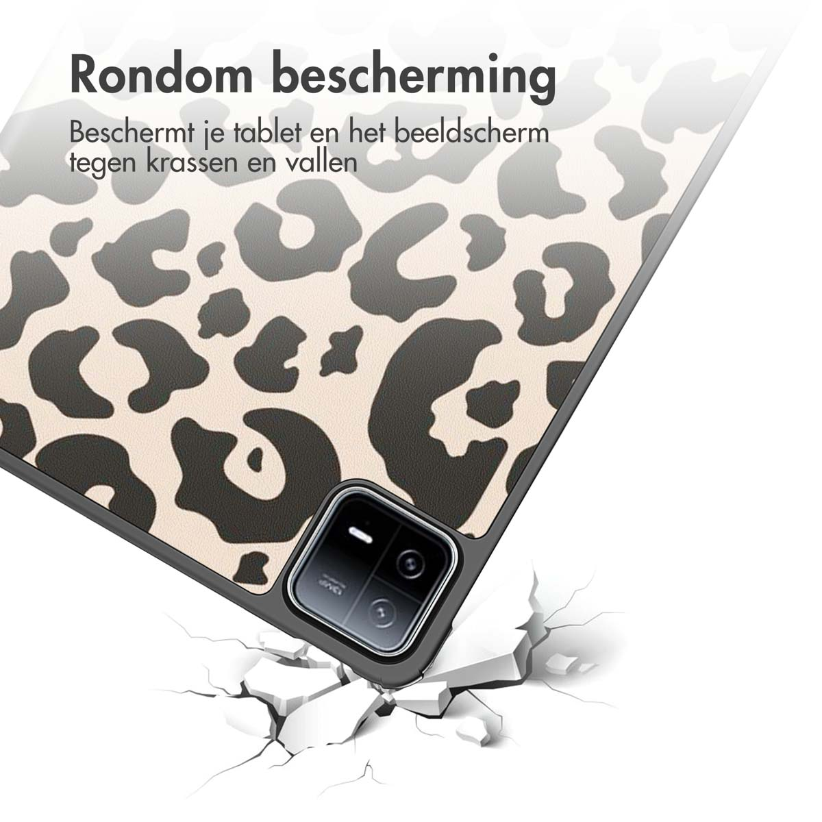 Tablet with leopard print case, cracking ground below. Tablet has camera lenses.