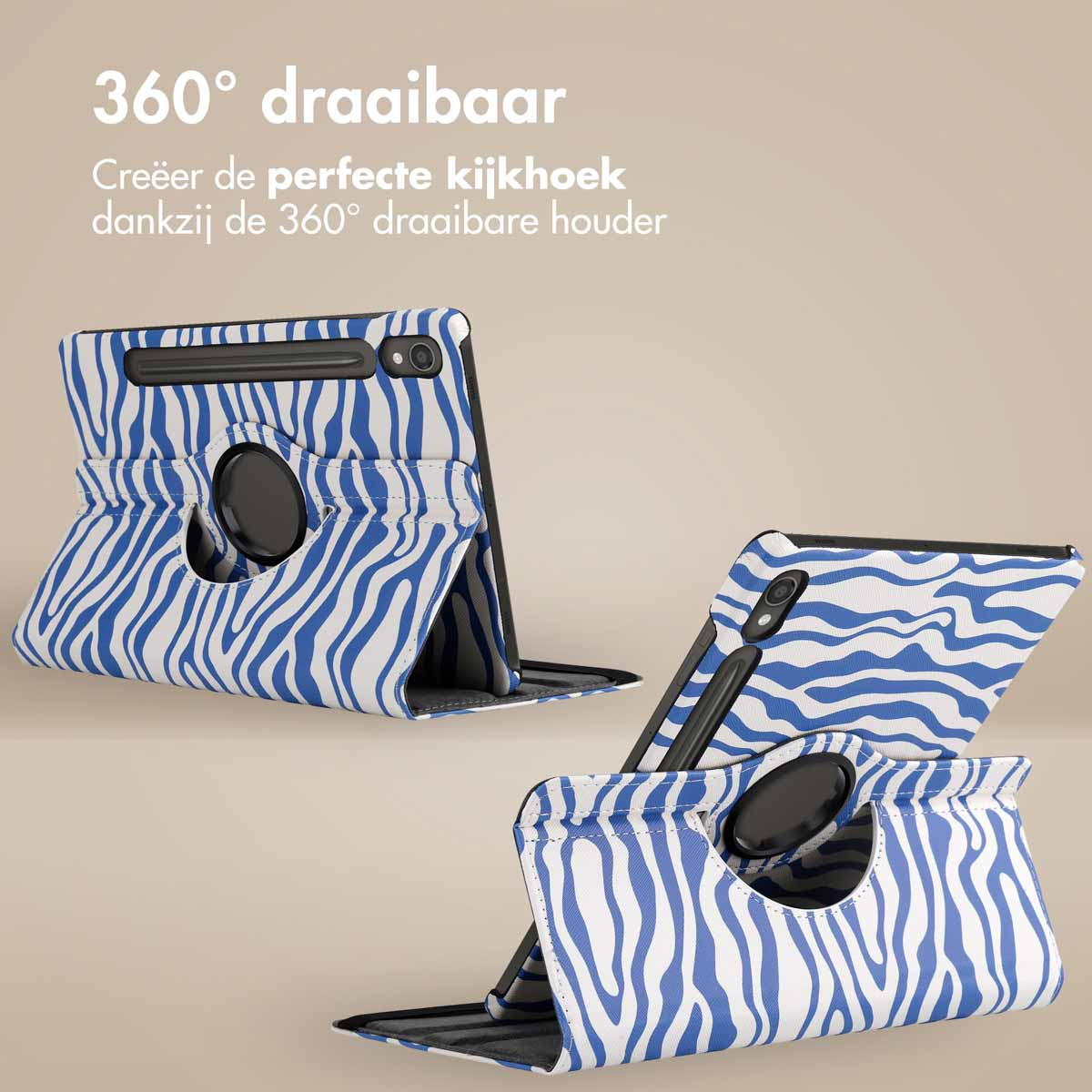 Tablet case with blue and white zebra stripes, with tablet in multiple positions.