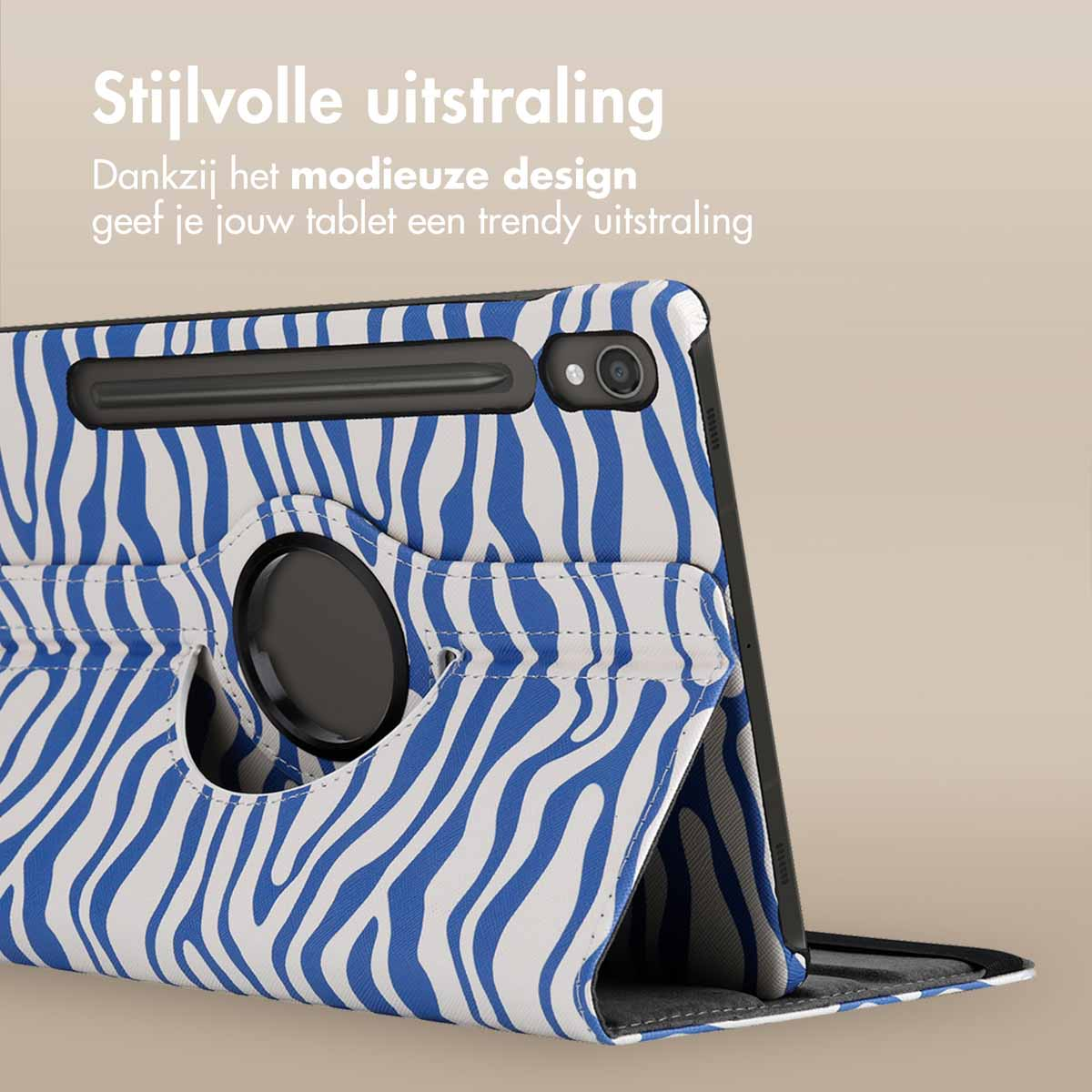 Tablet case with blue and white zebra stripes, opened, showing the black tablet.