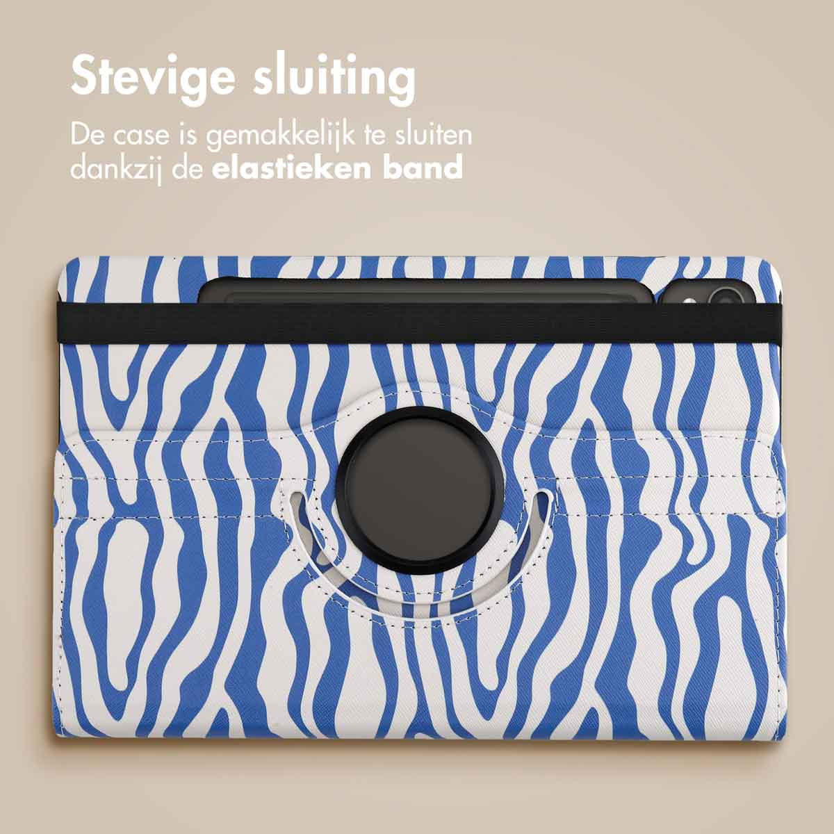 Tablet case with blue and white zebra stripes, closed with an elastic band.