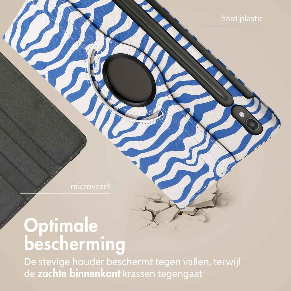 Tablet case with blue and white zebra stripes, with hard plastic and microfibre details.