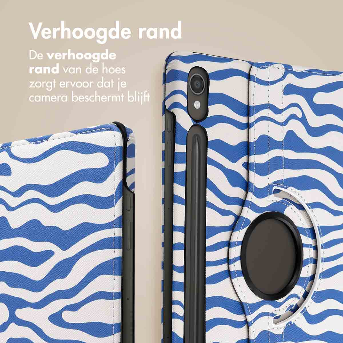 Tablet case with blue and white zebra stripes, showing raised edges for camera protection.