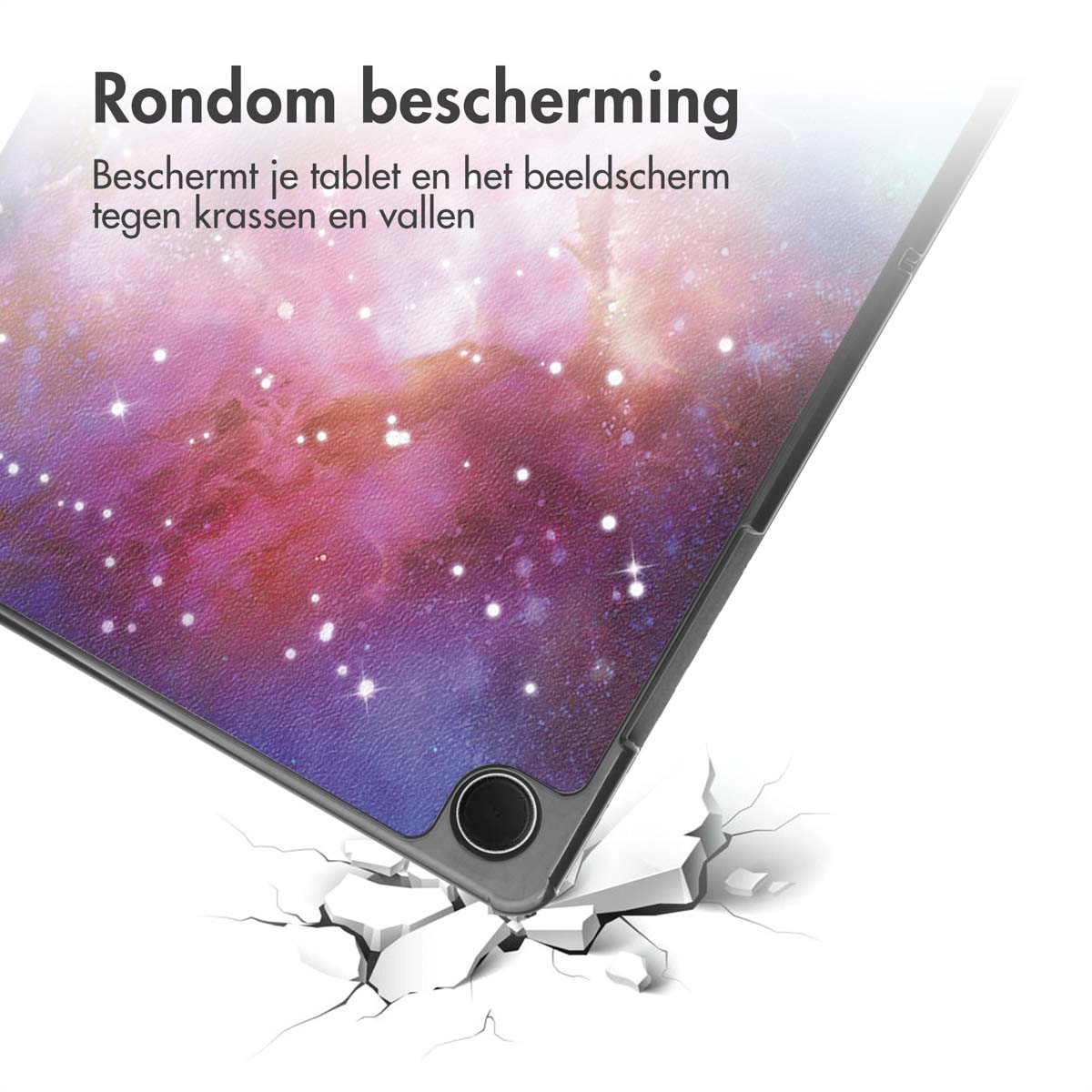 Tablet in a case, cracked ground. Text: All-around protection. Protects tablet and screen from scratches and falls.