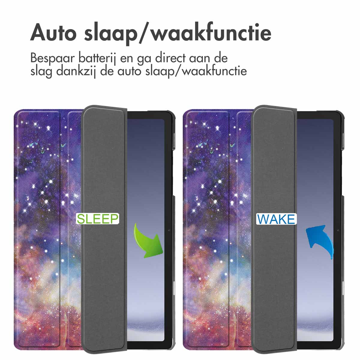 Two tablet cases, one open, one closed. Text: Auto sleep/wake. Saves battery and goes straight to work.