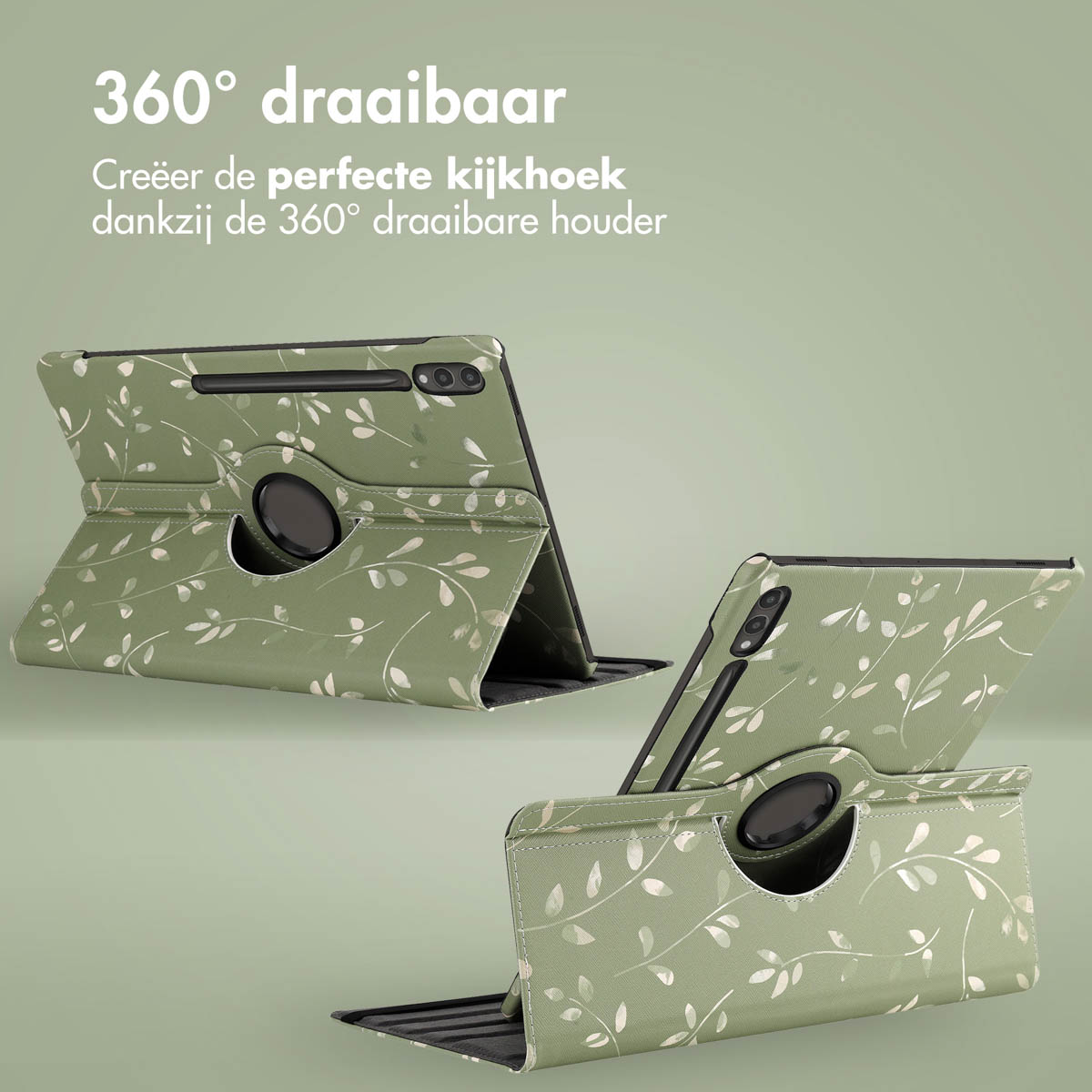 Twee tablets in groene hoezen, bladeren design. Tekst: 360° draaibaar. Creëer de perfecte kijkhoek.
