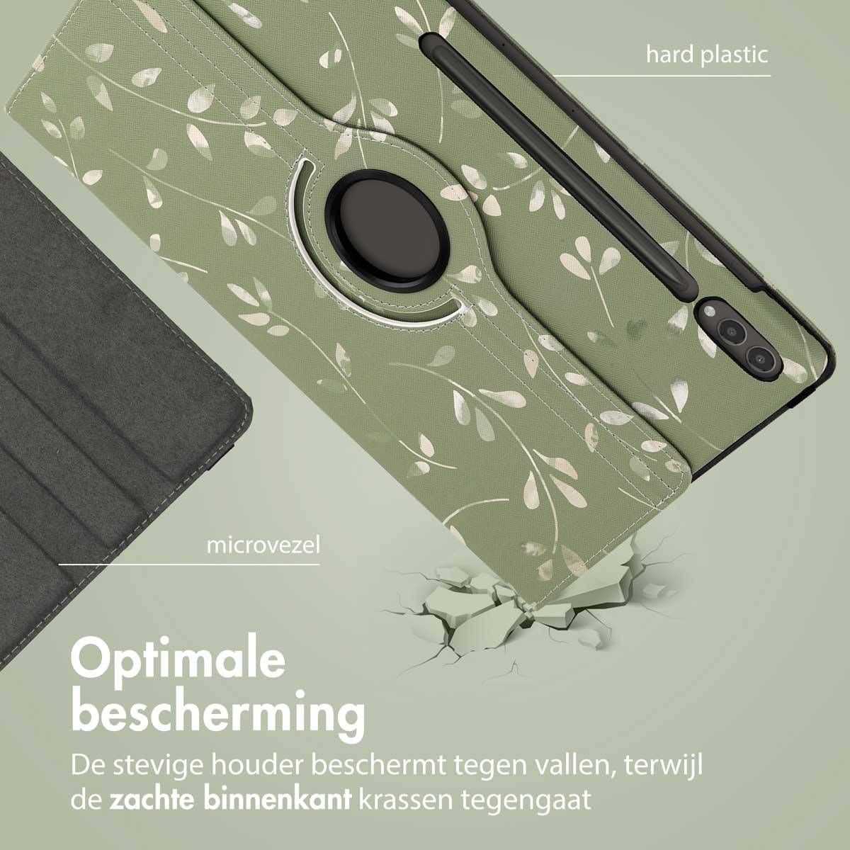 Tablethoes met groen bladeren design, gebarsten grond. Tekst: Optimale bescherming. De stevige houder beschermt tegen vallen.