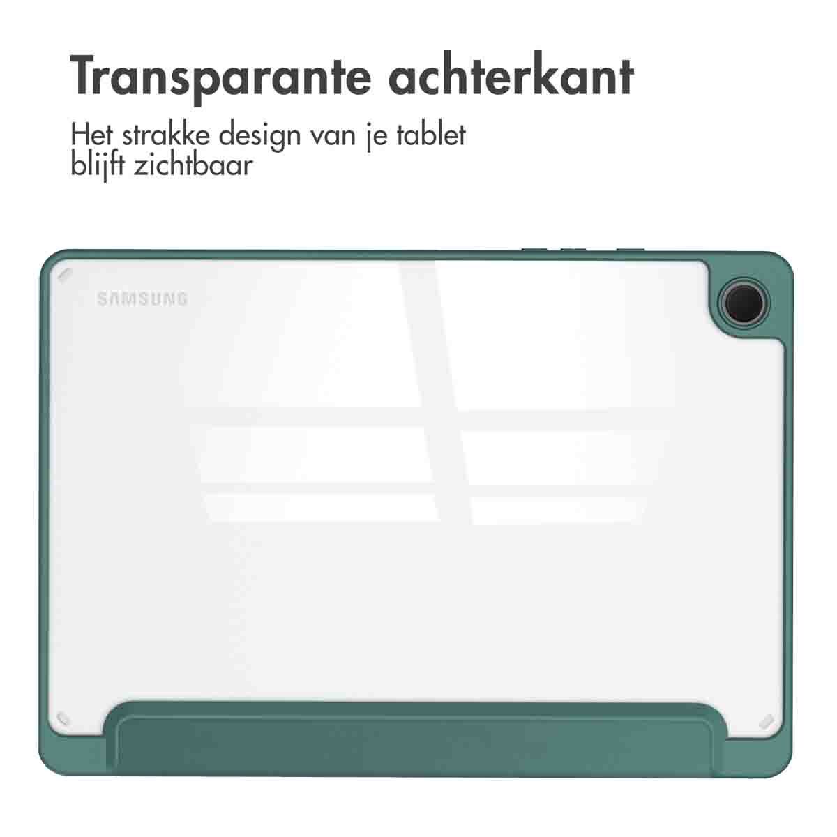 Transparent tablet with green frame. Text: Transparent back. The sleek design of your tablet remains visible.