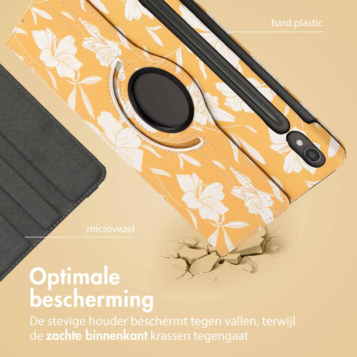 Tablet case with yellow floral design, cracked ground. Text: Optimal protection. The sturdy holder protects against falls.