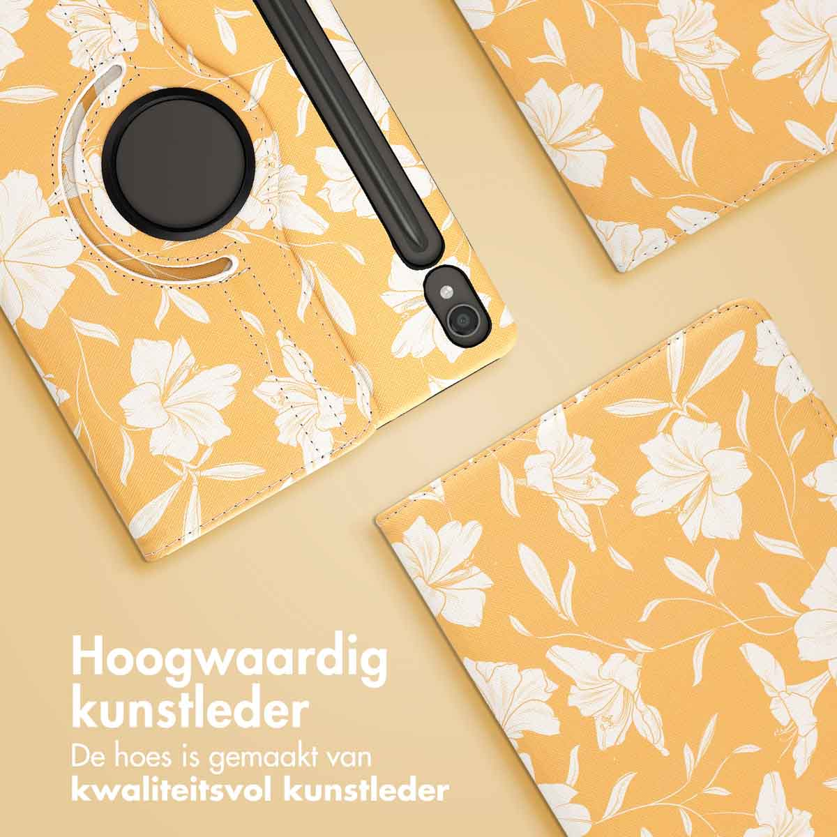Tablet cases with yellow floral design. Text: High-quality imitation leather. The case is made of high-quality imitation leather.
