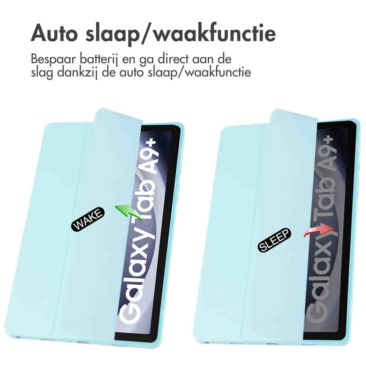 Two tablets with light blue cases. One says 'WAKE', the other 'SLEEP'. Both show 'Galaxy Tab A9+'.