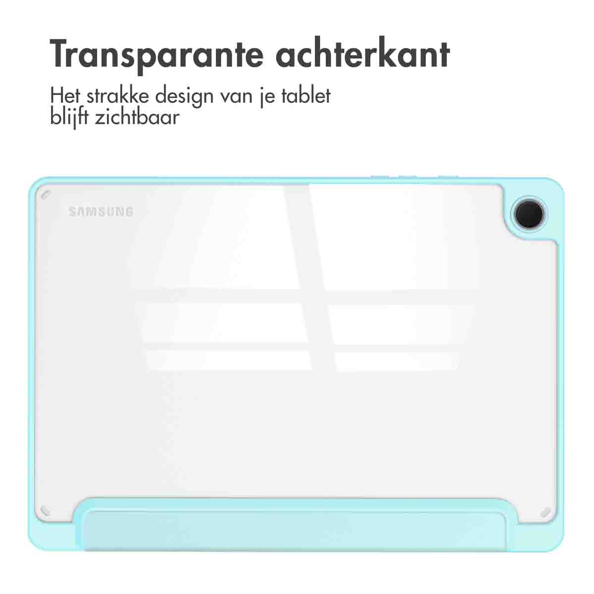 A transparent tablet case. The case has a light blue frame and a clear back. The Samsung logo is visible.
