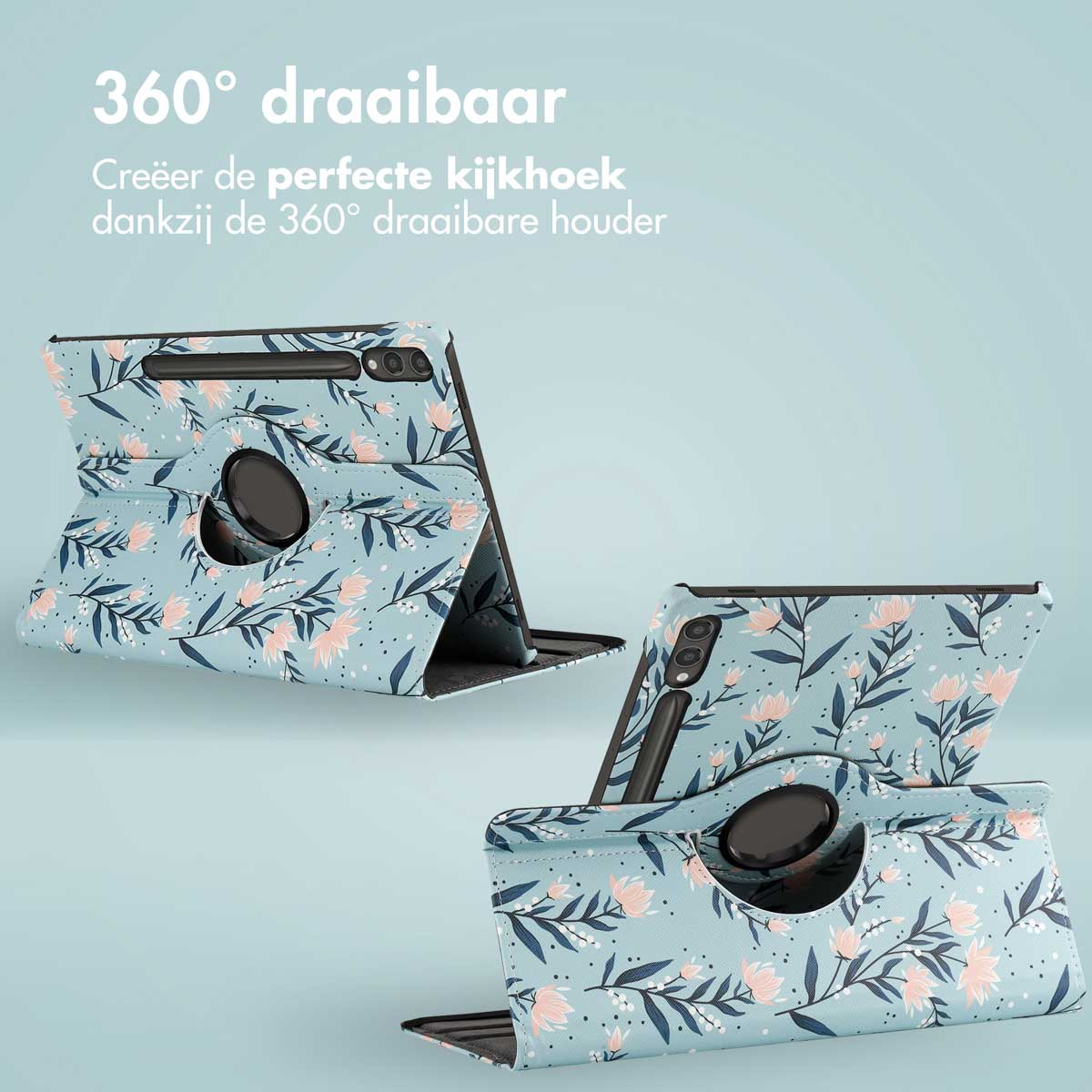 Twee tablethoezen met een bloemenontwerp in lichtblauw en roze. Ze hebben een 360 graden draaibare houder.